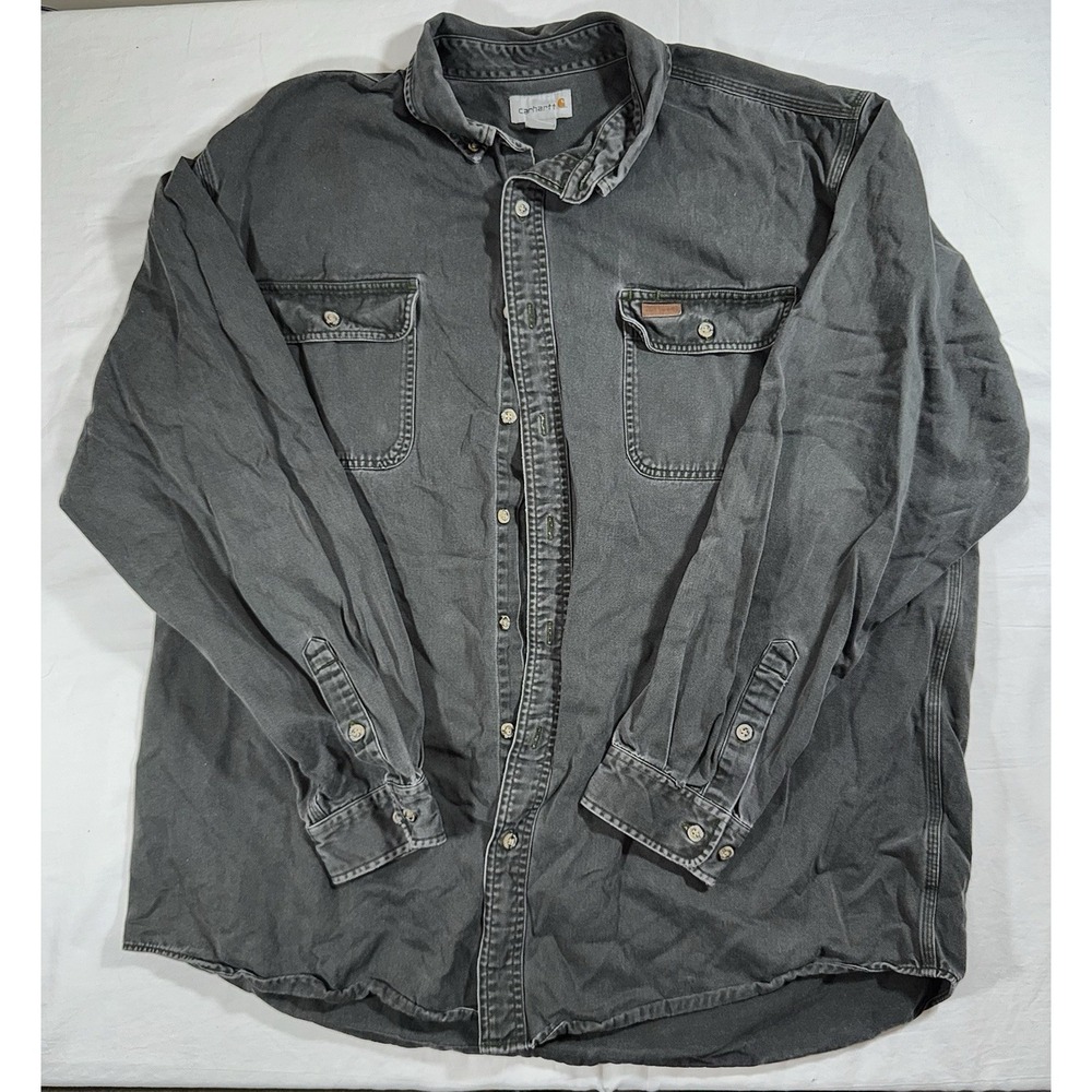Carhartt Mens 2XL Tall Faded Grey Cotton Button Down Thrashed Long Sleeve‎